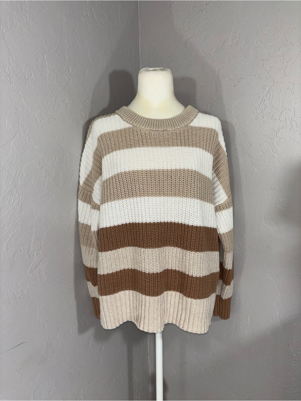 Time and Tru Neutral Striped Crewneck Sweater in Cream, Beige & Brown